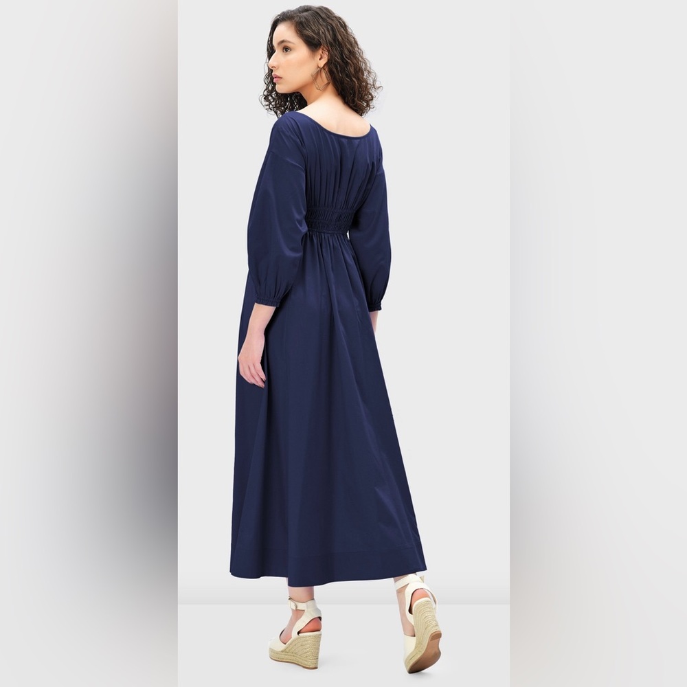 NWOT Puff Sleeve Elastic Waist Cotton Poplin Dress - Picture 3 of 8